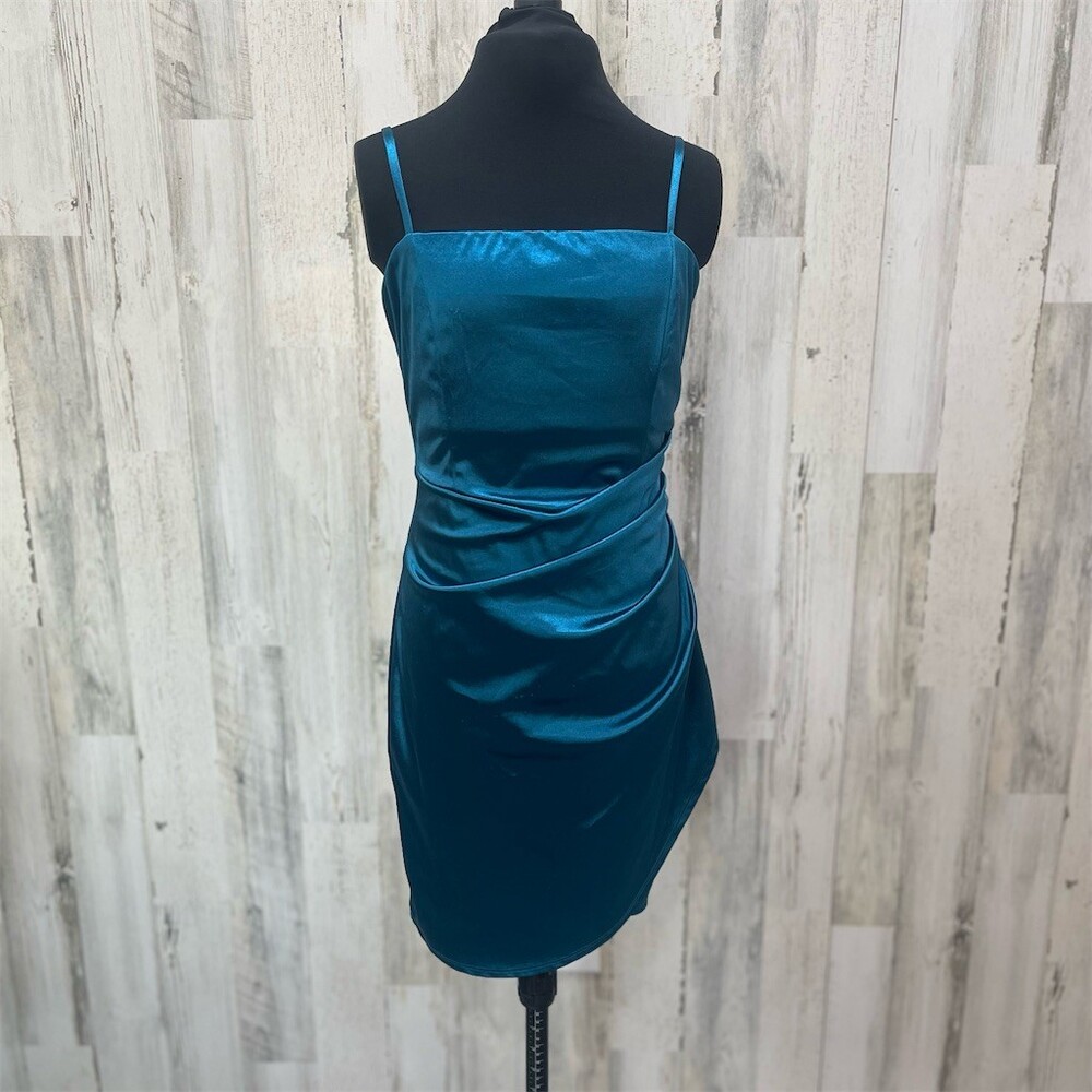 Honey and Rosie Dress Womens Size M Teal Blue Satin Ruched Bodycon Mini